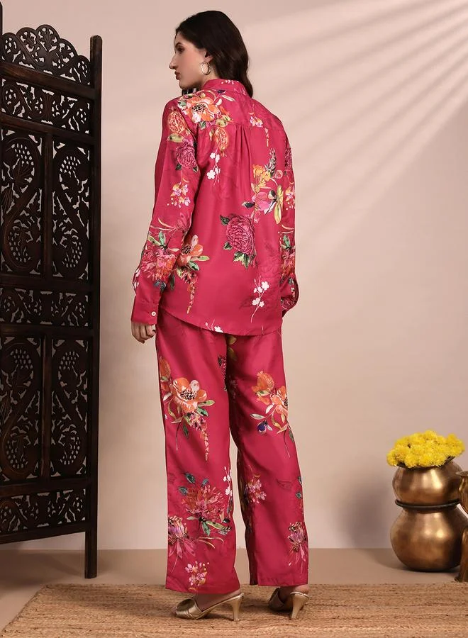 globus Women Pink Floral Collared Shirt and Trousers Co-Ords